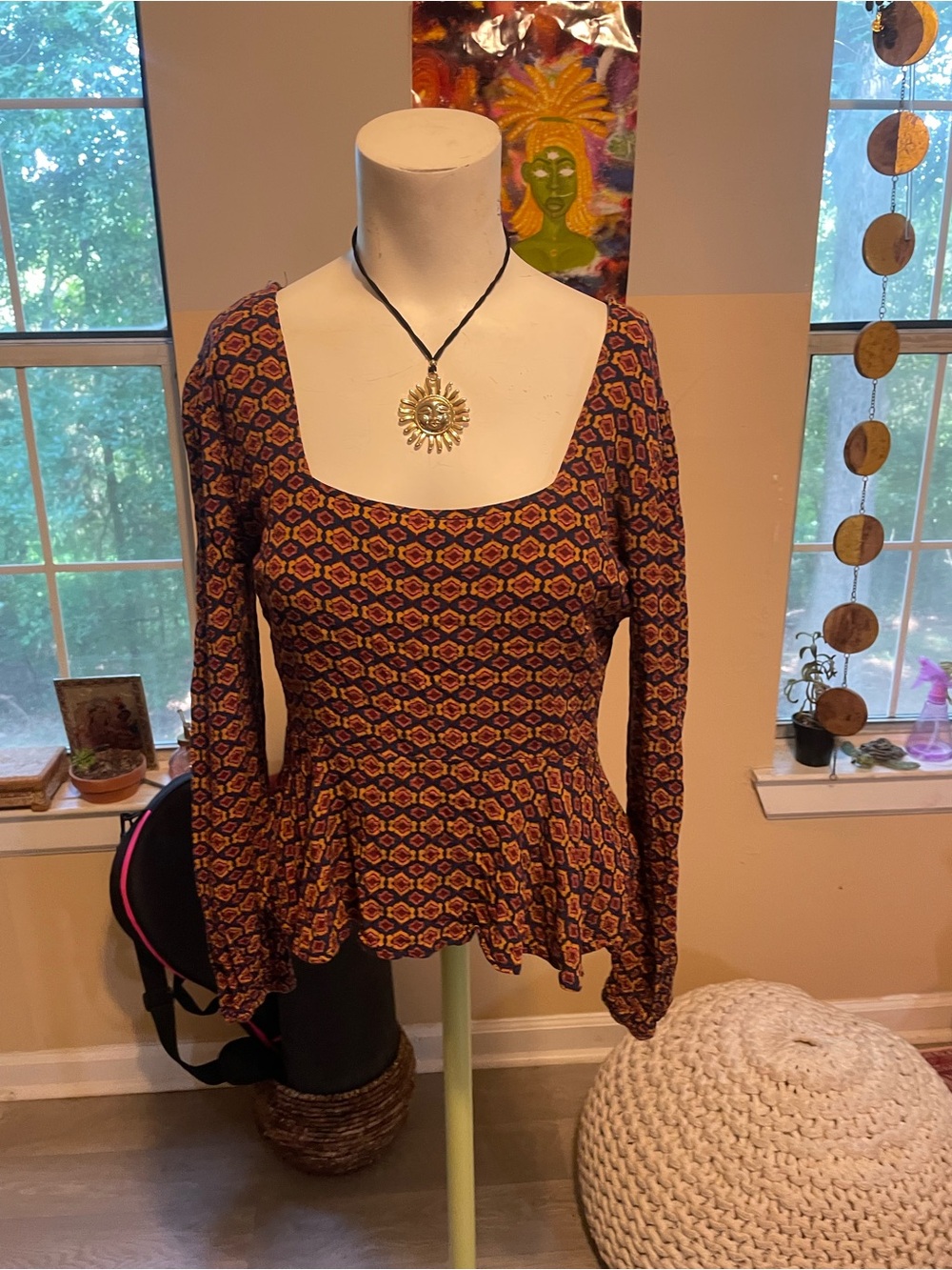 Blue Rain Burgundy & Mustard Geometric Peplum Top